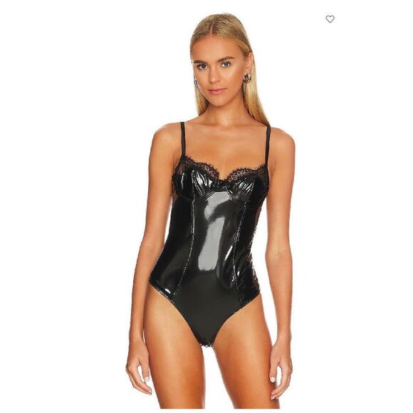 Fleur du Mal Tops - Fleur du Mal PVC Frankie Lace Bodysuit in Black Size S
